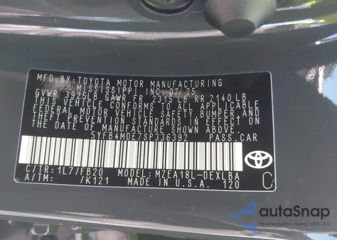 2025 Toyota Corolla Le из США, поврежденный, VIN 5YFB4MDE7SP336392